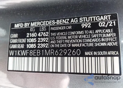 2021 Mercedes-Benz C 300 4Matic из США, поврежденный, VIN W1KWF8EB1MR629260